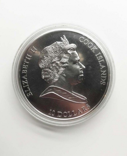f_catalog_content_6785_3-1 Острова Кука 10 долларов 2008 г. Меркурий — бог торговли и коммерции. Елизавета II. Серебро 999 пр, позолота