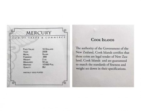 f_catalog_content_6785_4-1 Острова Кука 10 долларов 2008 г. Меркурий — бог торговли и коммерции. Елизавета II. Серебро 999 пр, позолота