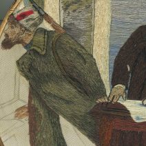 Вышивка гладью "Ленин и Сталин". Дерево, пяльцы, гладь, ткань шелк, мулине. СССР (предположительно 1941 г.)