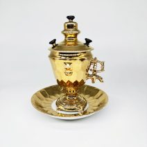 Бокал чайный (кружка) с крышкой и блюдцем "Самовар". Т-ва Кузнецова, Дмитров. Российская Империя 1891-1917 гг.