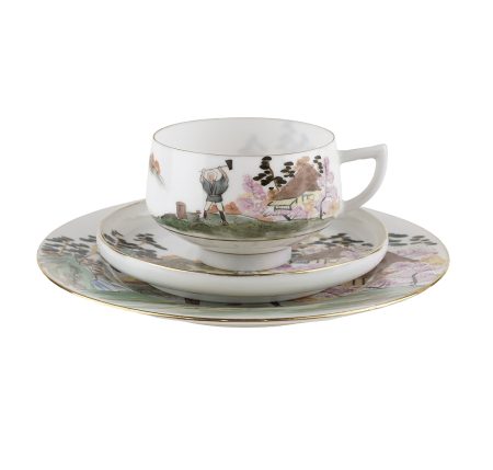 ф 1842-2 Чайное трио "Дровосек". Литофания с портретом гейши. Япония 1965-е гг.