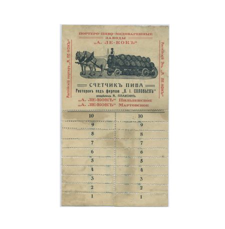 Счётчик пива. Ресторан под фирмою "В.I. Соловьев". Английский портер "А. Ле-Кокъ". А.К. Вейерман. Российская Империя до 1917 г.