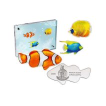 Вануату. Набор 3 монеты 50 вату 2006 г. Тропические рыбы. Серебро 999 пр, цветная эмаль. Вес 93,3 г. Пруф. Акриловый аквариум