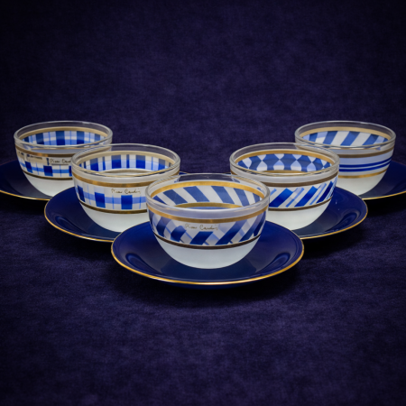 Набор из 5 стеклянных чаш с блюдцами Pierre Cardin. Япония, конец 1970-х – 1980-е