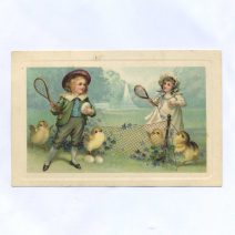 Открытка пасхальная "Теннис с цыплятами". Изд. "Imp." Германия 1900-е гг.